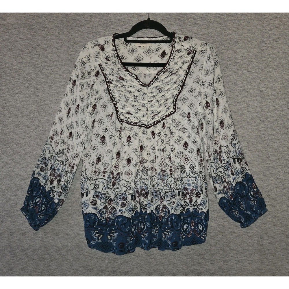 Style & Co Peasant Blouse Women's Medium Boho Print Shirt Long Sleeve Flowy Top
